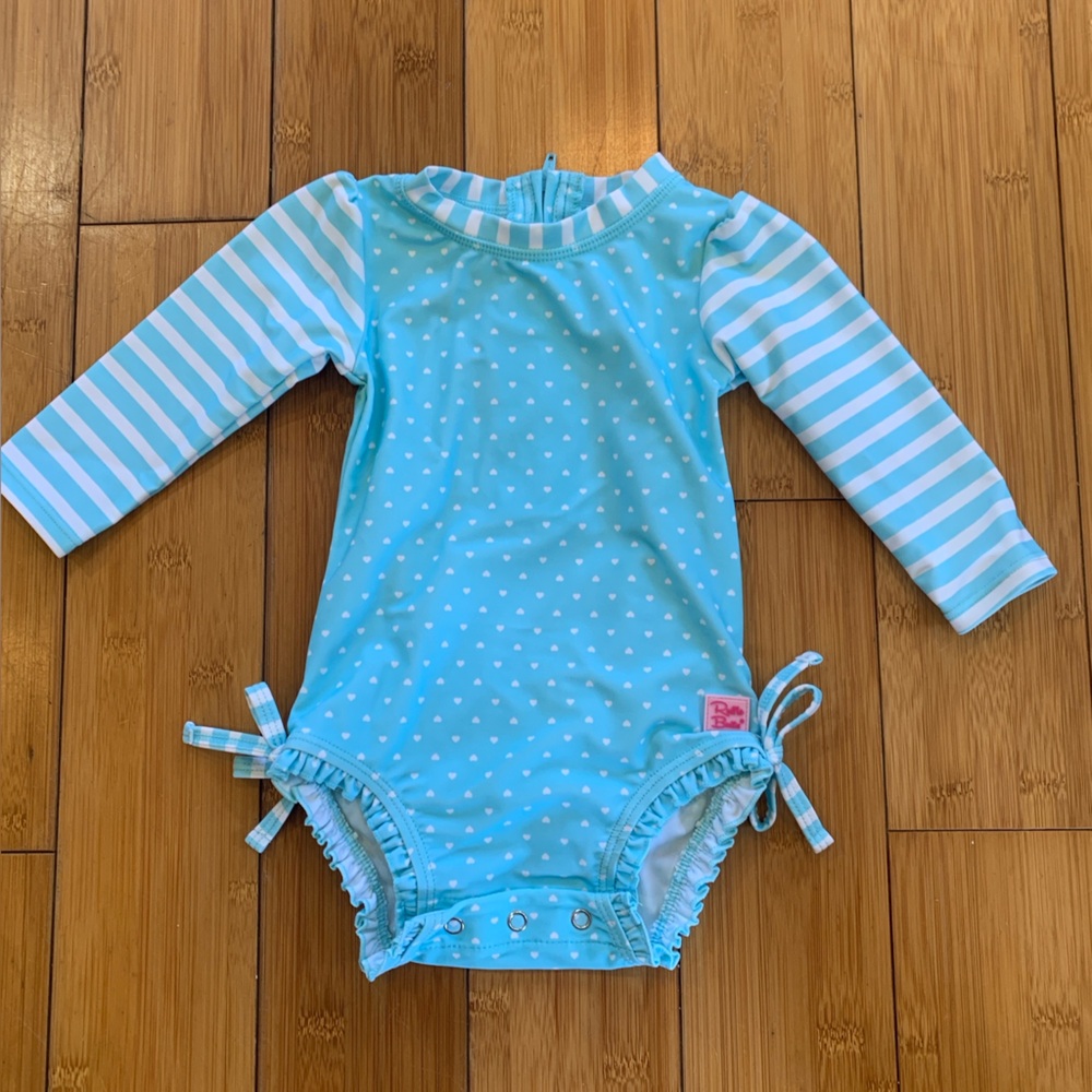 Ruffle Butts Aqua & White Striped Heart One-Piece Rash Guard